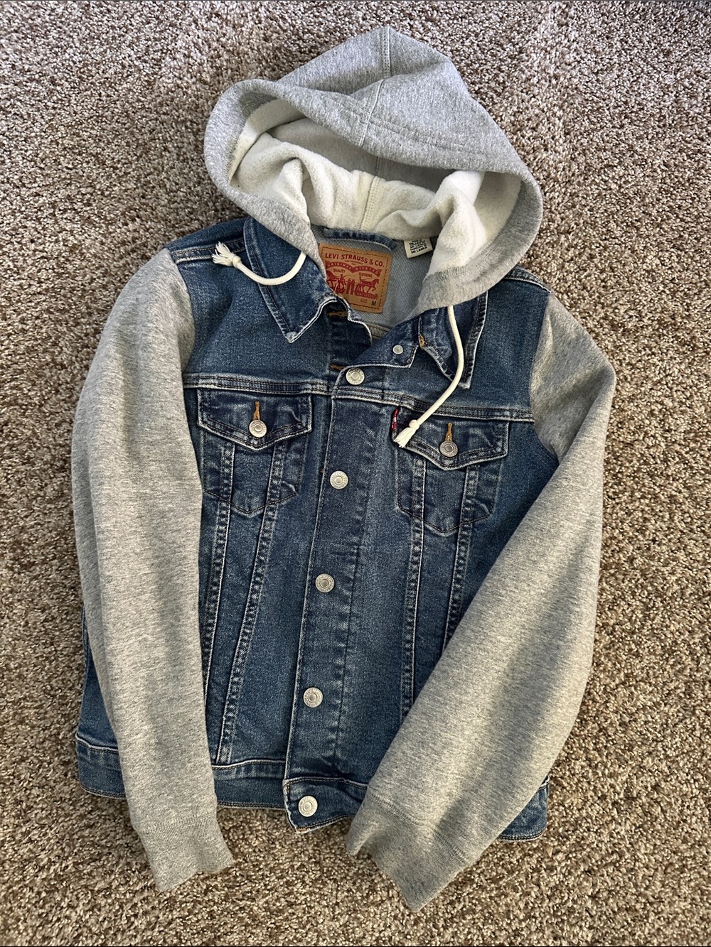Levi's Women’s Blue Denim Jacket with Gray Hood & Sleeves
